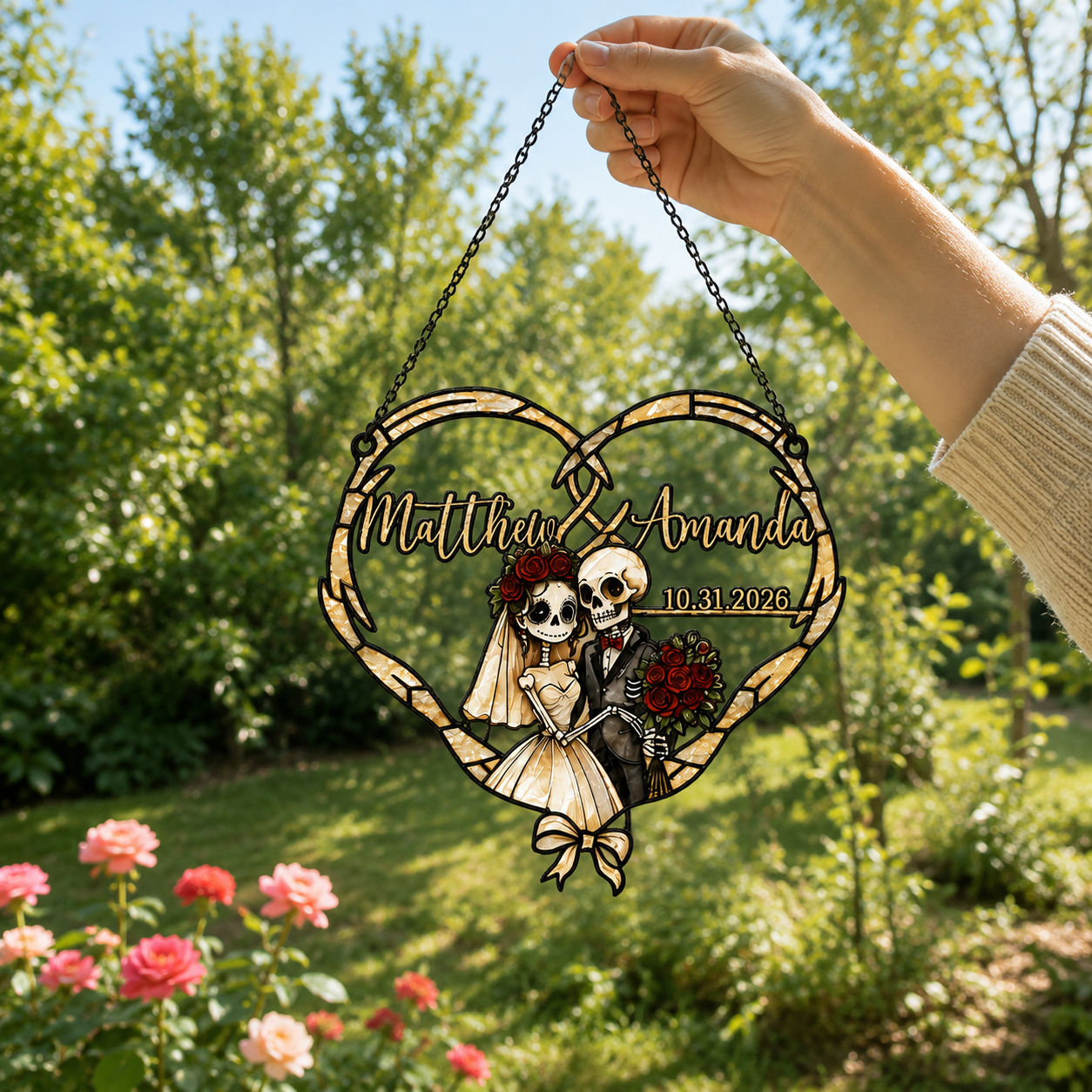 Personalized Skeleton Couple Wedding Heart Holographic Acrylic Suncatcher