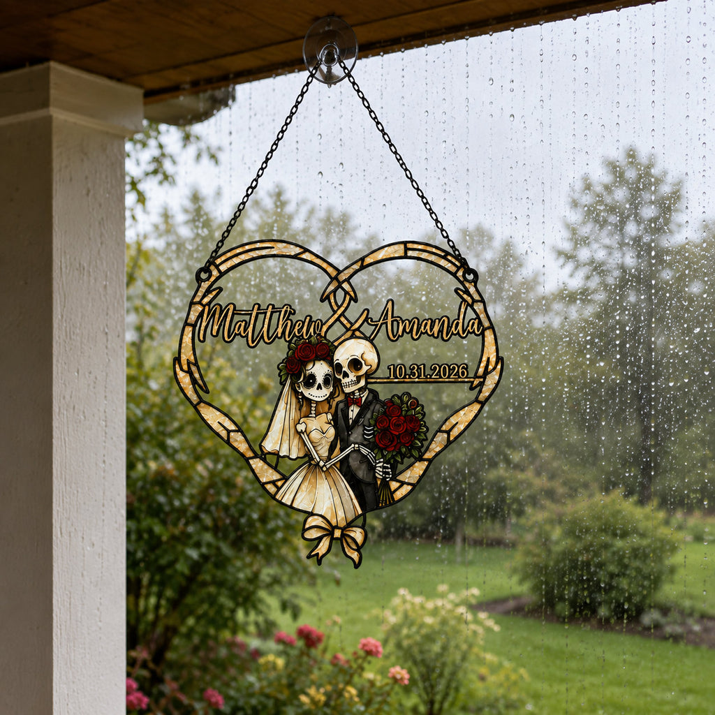 Personalized Skeleton Couple Wedding Heart Holographic Acrylic Suncatcher