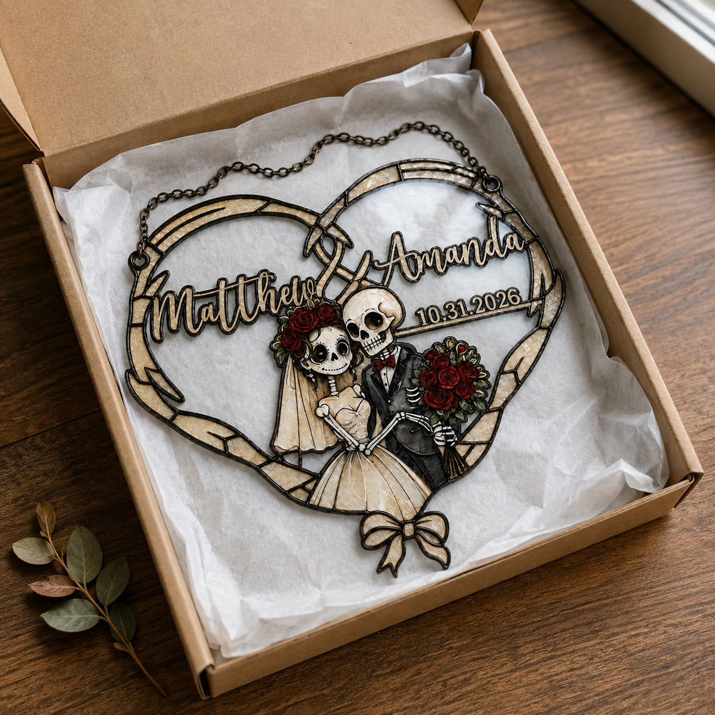 Personalized Skeleton Couple Wedding Heart Holographic Acrylic Suncatcher