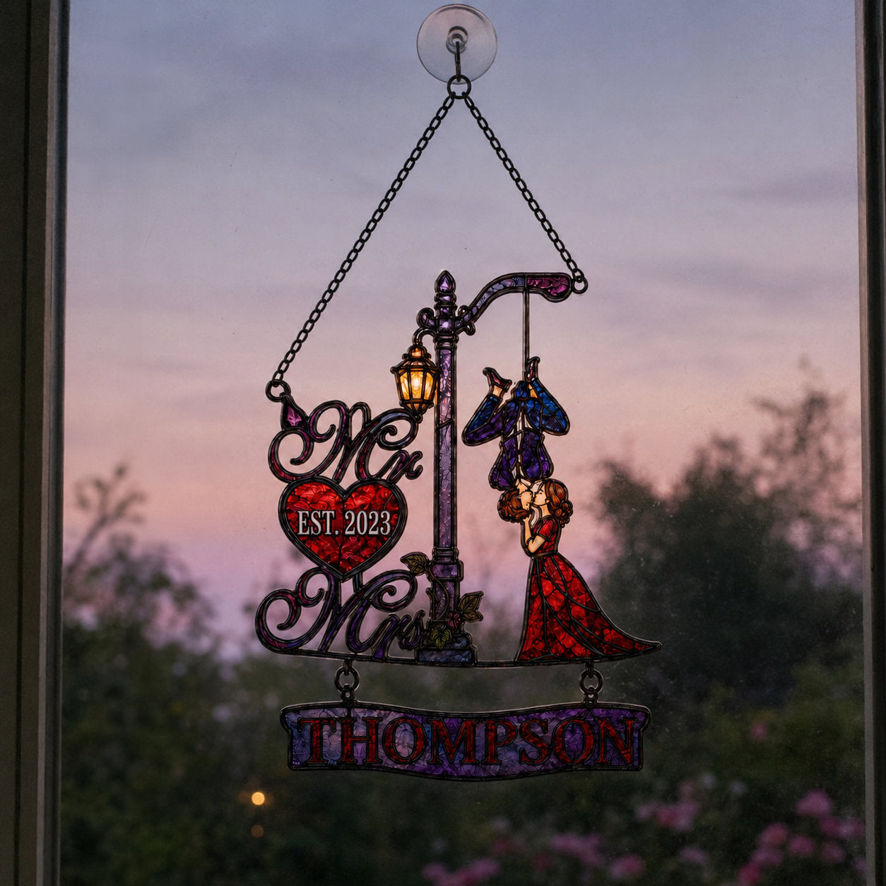 Personalized Family Name Mr & Mrs Couple Lamppost Holographic Acrylic Suncatcher