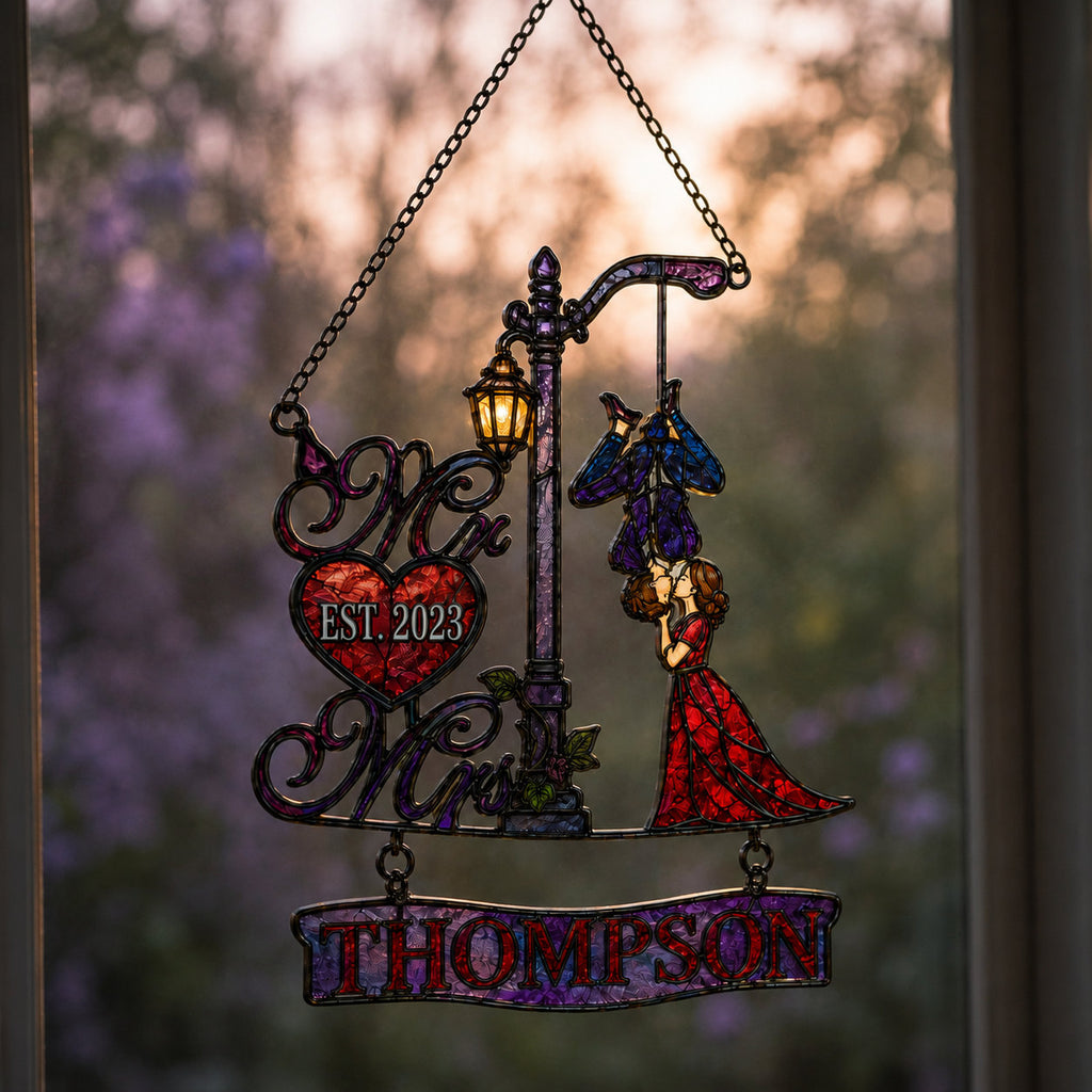 Personalized Family Name Mr & Mrs Couple Lamppost Holographic Acrylic Suncatcher
