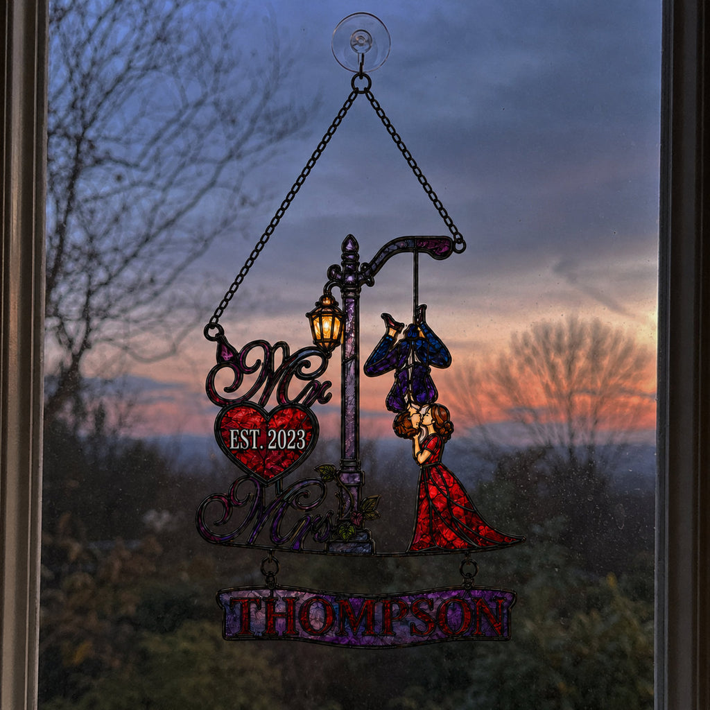 Personalized Family Name Mr & Mrs Couple Lamppost Holographic Acrylic Suncatcher