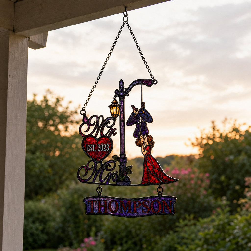 Personalized Family Name Mr & Mrs Couple Lamppost Holographic Acrylic Suncatcher