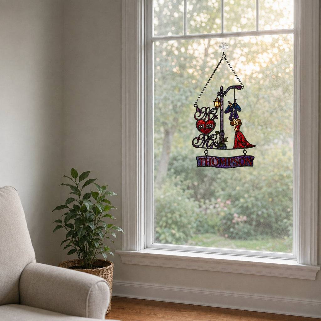 Personalized Family Name Mr & Mrs Couple Lamppost Holographic Acrylic Suncatcher