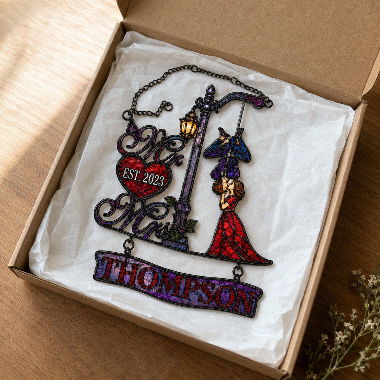 Personalized Family Name Mr & Mrs Couple Lamppost Holographic Acrylic Suncatcher