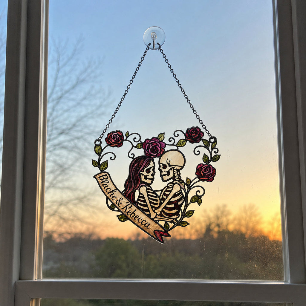 Personalized Skeleton Couple Rose Heart Holographic Acrylic Suncatcher