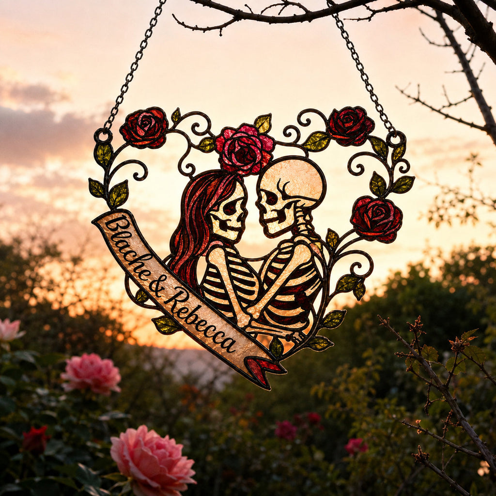 Personalized Skeleton Couple Rose Heart Holographic Acrylic Suncatcher