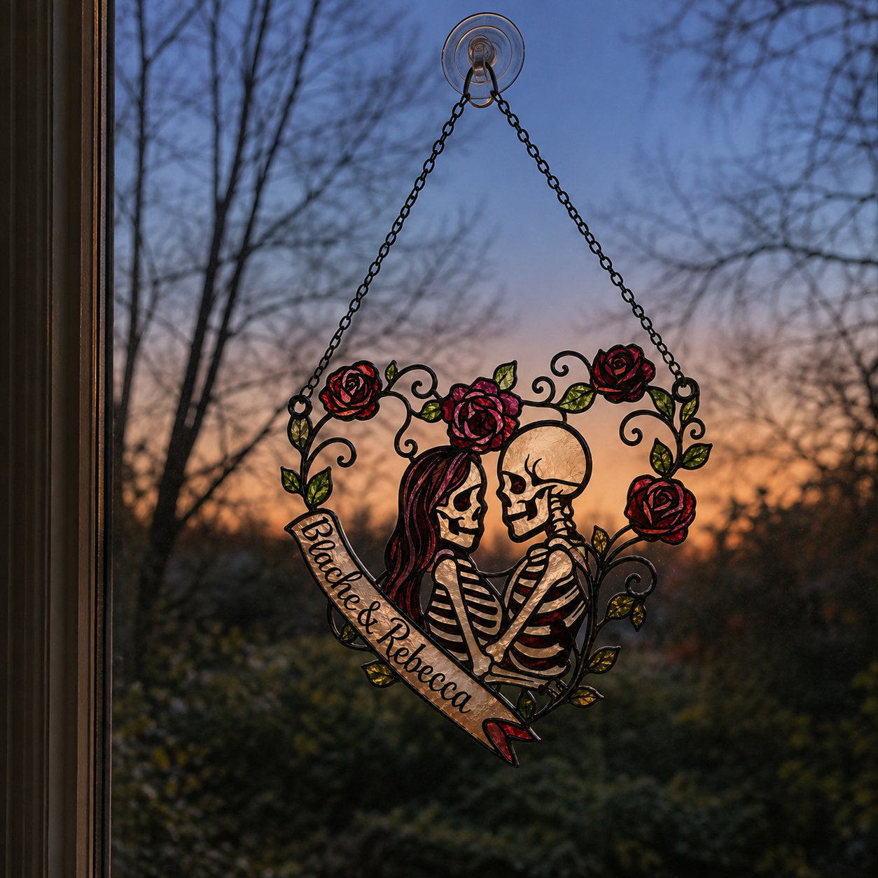 Personalized Skeleton Couple Rose Heart Holographic Acrylic Suncatcher