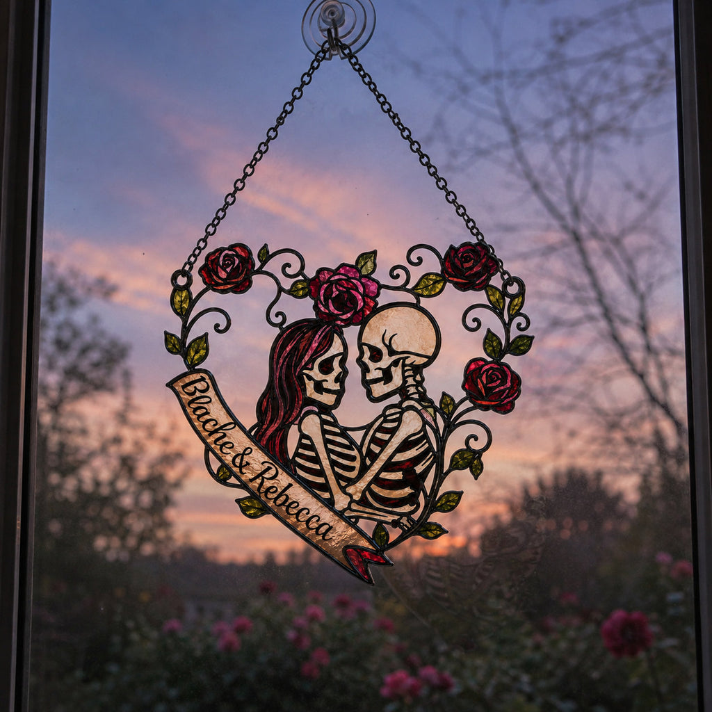 Personalized Skeleton Couple Rose Heart Holographic Acrylic Suncatcher