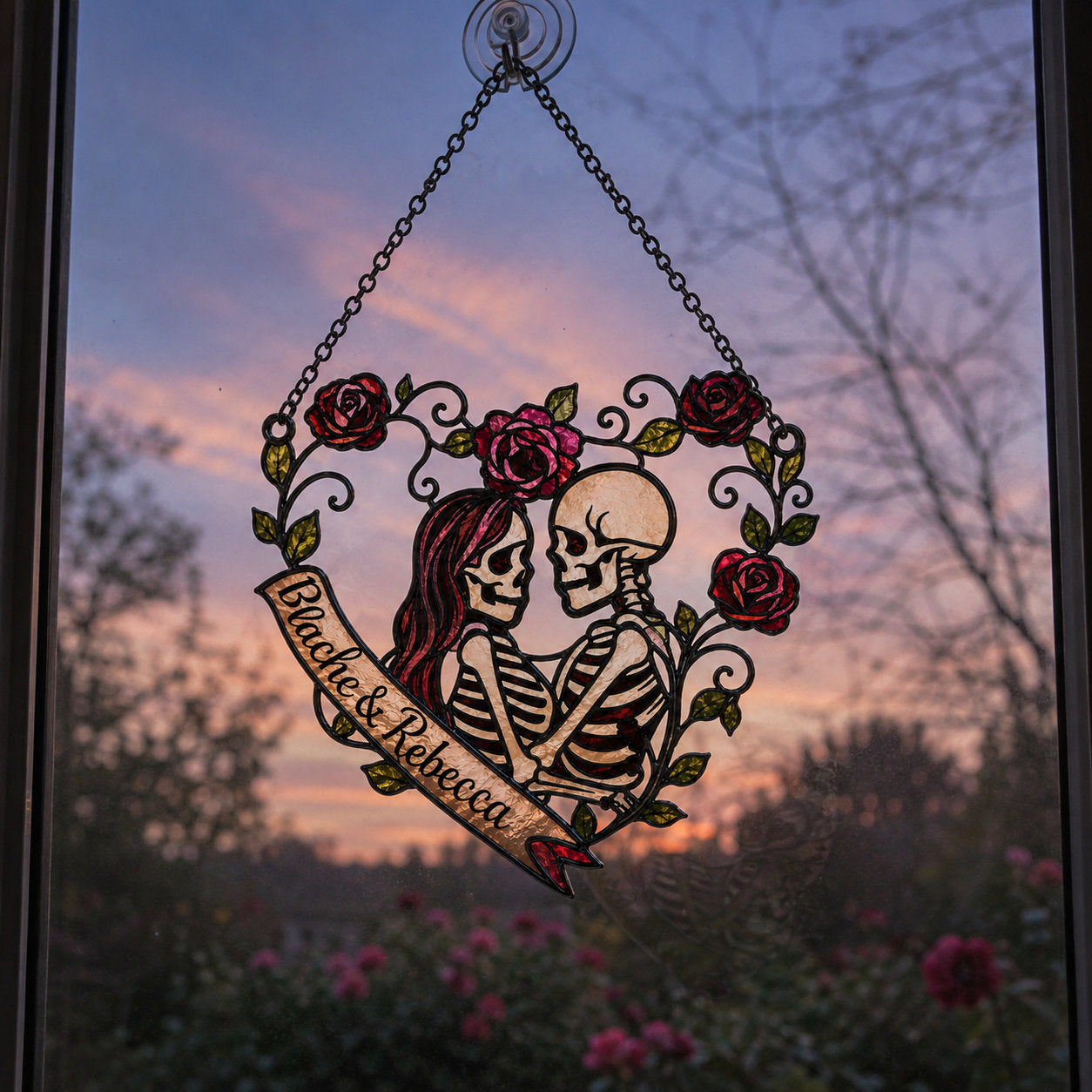 Personalized Skeleton Couple Rose Heart Holographic Acrylic Suncatcher
