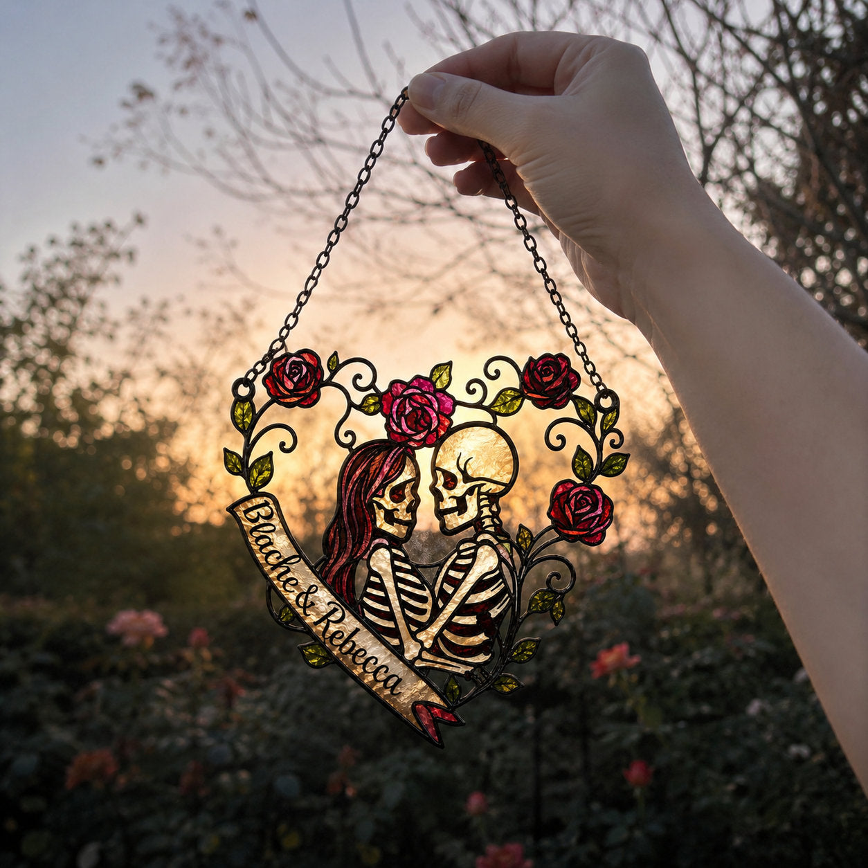 Personalized Skeleton Couple Rose Heart Holographic Acrylic Suncatcher
