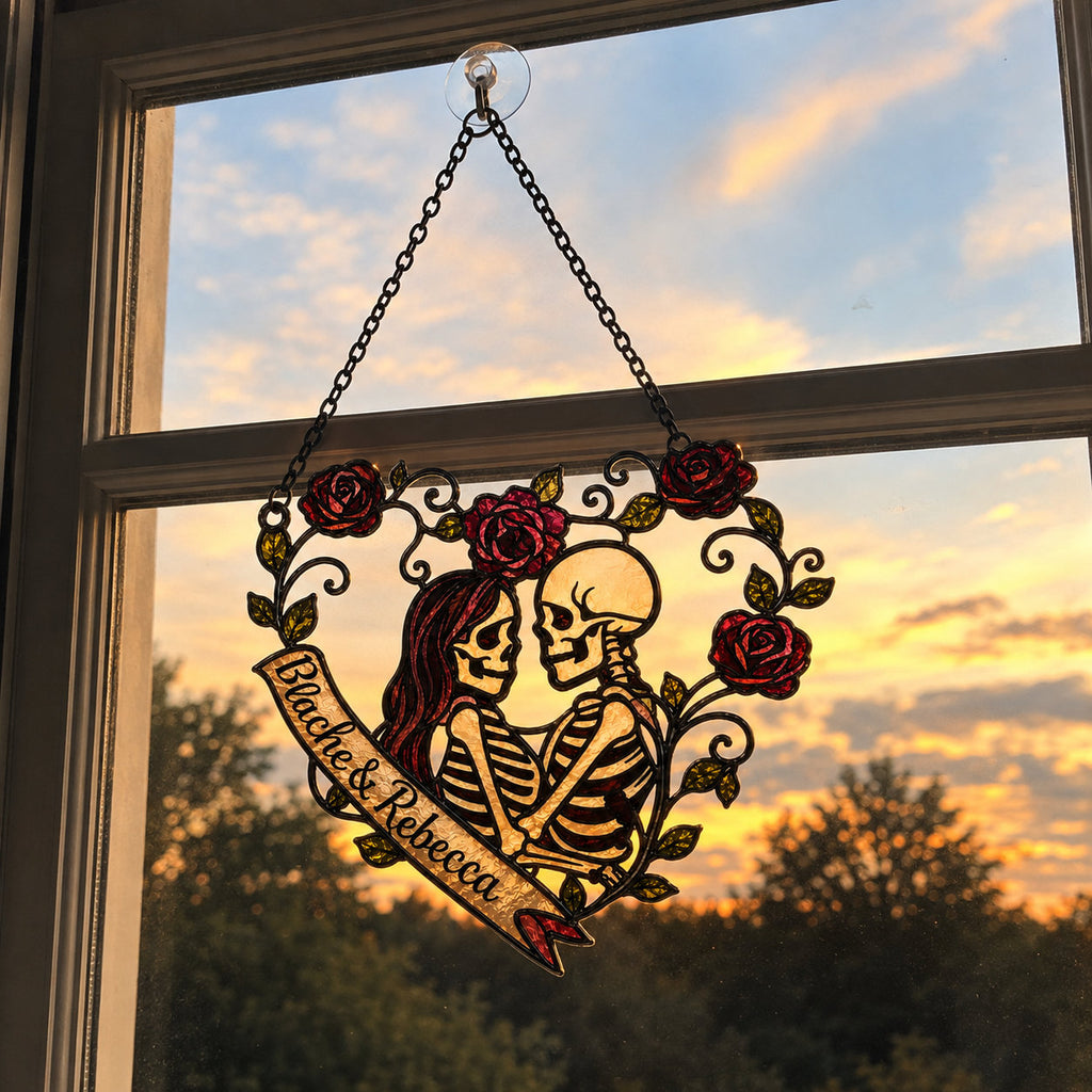 Personalized Skeleton Couple Rose Heart Holographic Acrylic Suncatcher