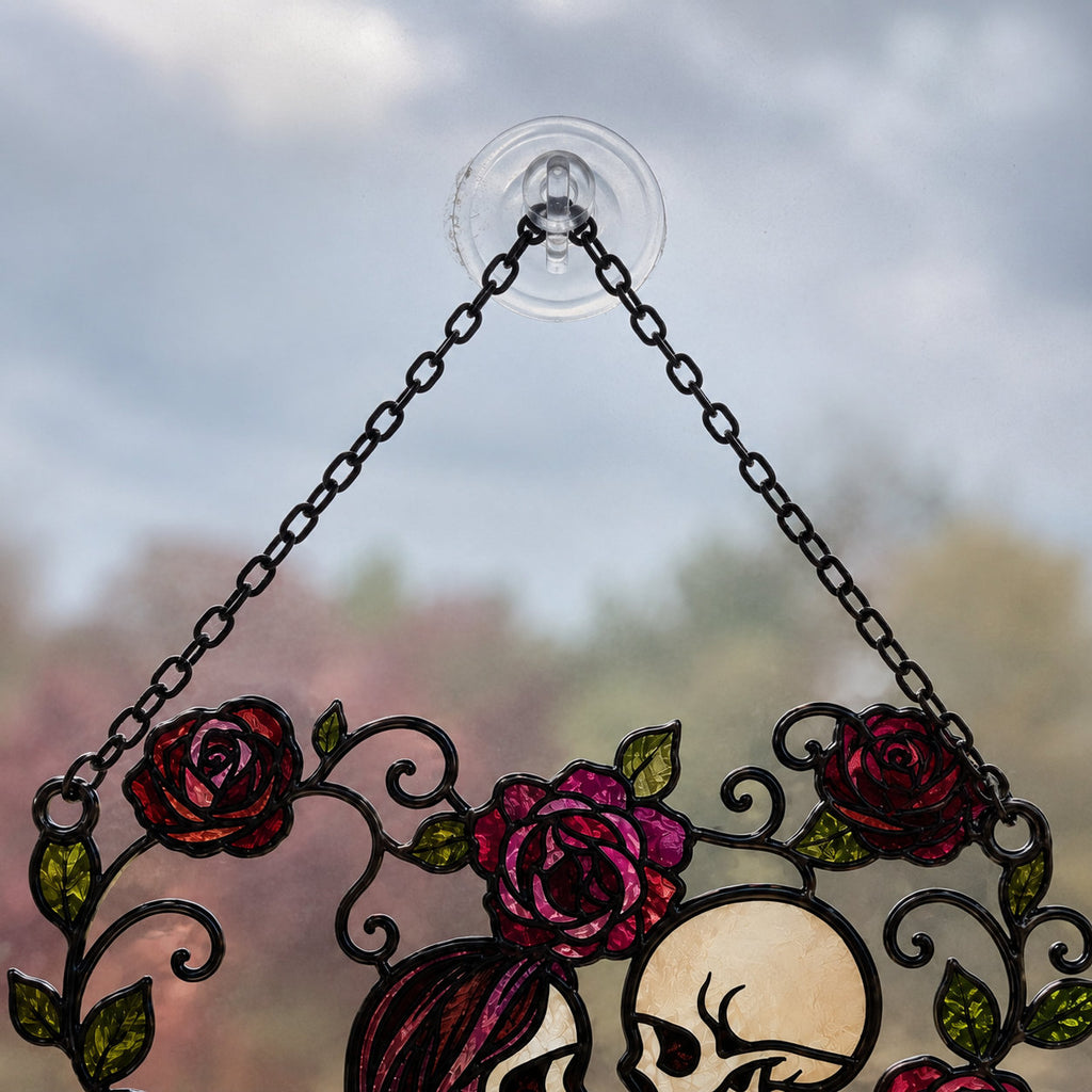 Personalized Skeleton Couple Rose Heart Holographic Acrylic Suncatcher