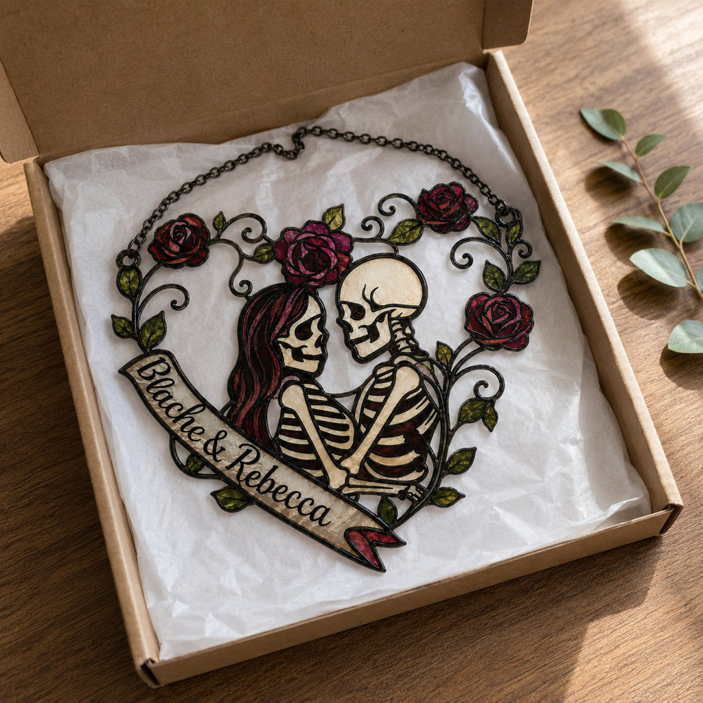 Personalized Skeleton Couple Rose Heart Holographic Acrylic Suncatcher