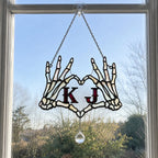 Personalized Initials Skeleton Hands Heart Couple Holographic Acrylic Suncatcher