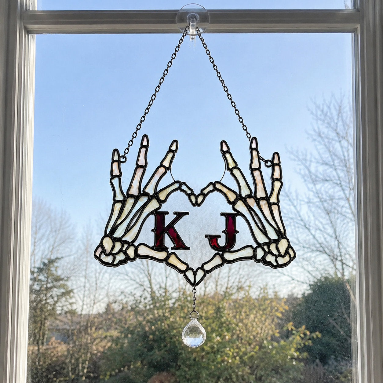 Personalized Initials Skeleton Hands Heart Couple Holographic Acrylic Suncatcher
