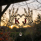 Personalized Initials Skeleton Hands Heart Couple Holographic Acrylic Suncatcher