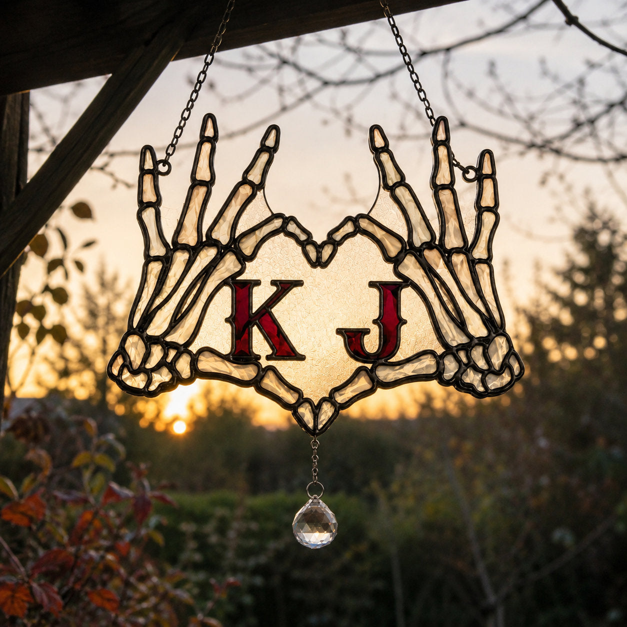 Personalized Initials Skeleton Hands Heart Couple Holographic Acrylic Suncatcher