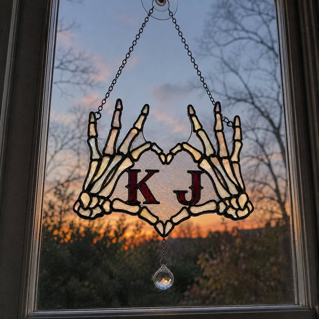 Personalized Initials Skeleton Hands Heart Couple Holographic Acrylic Suncatcher