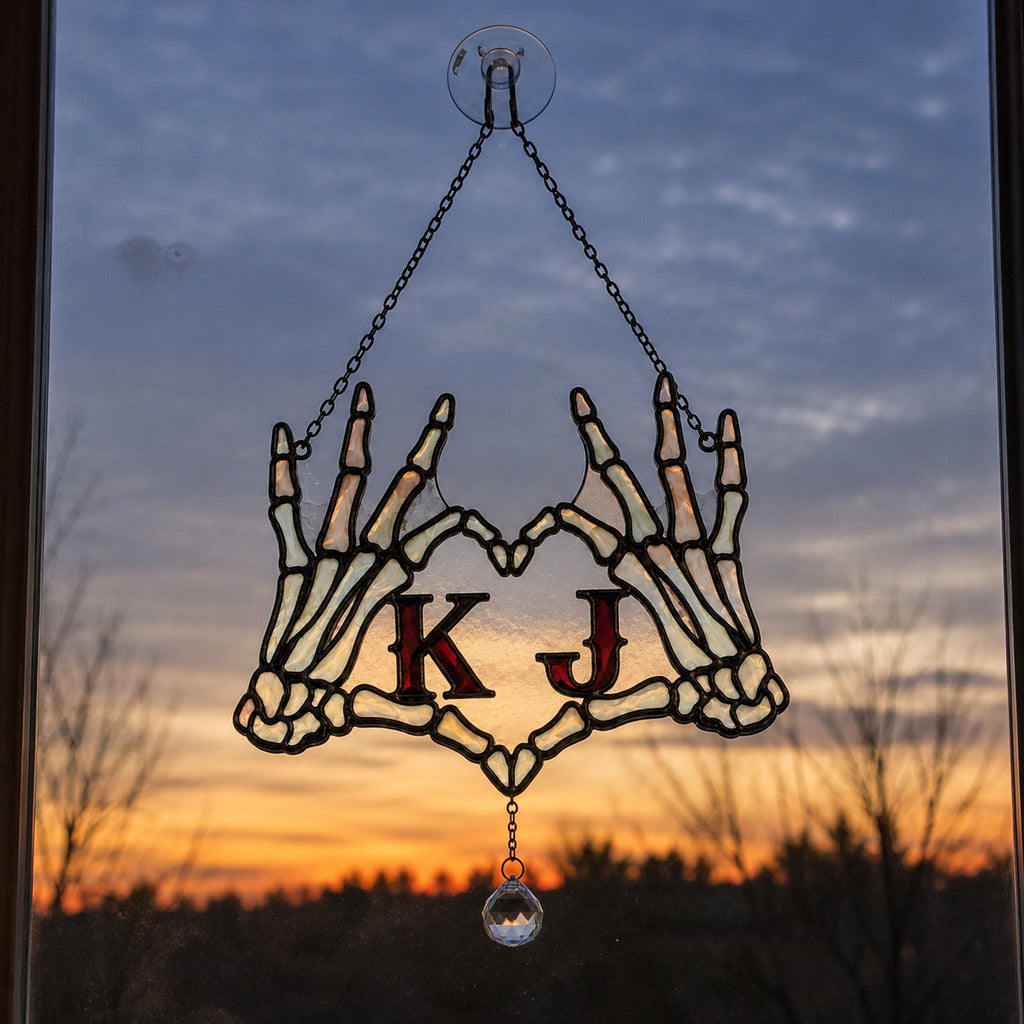 Personalized Initials Skeleton Hands Heart Couple Holographic Acrylic Suncatcher