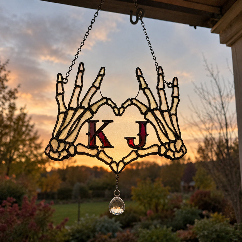Personalized Initials Skeleton Hands Heart Couple Holographic Acrylic Suncatcher