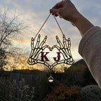 Personalized Initials Skeleton Hands Heart Couple Holographic Acrylic Suncatcher