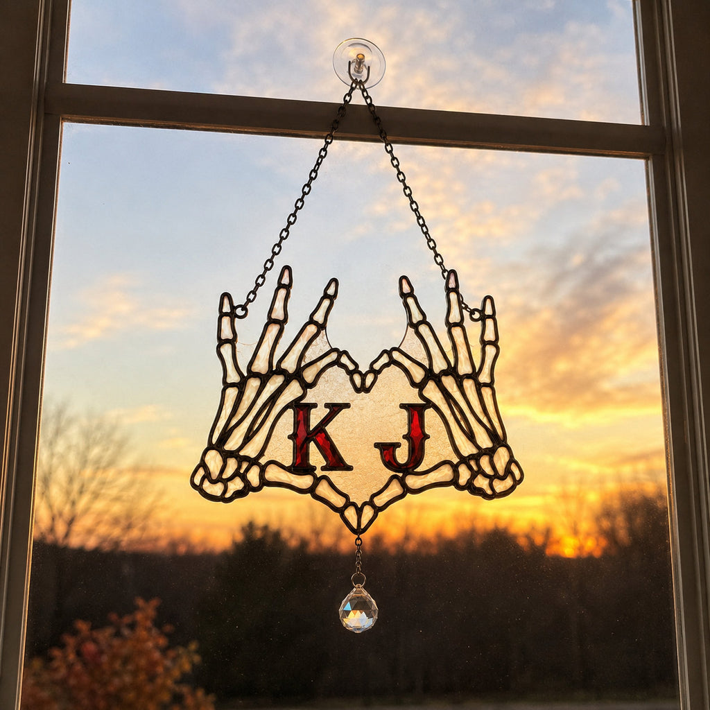 Personalized Initials Skeleton Hands Heart Couple Holographic Acrylic Suncatcher