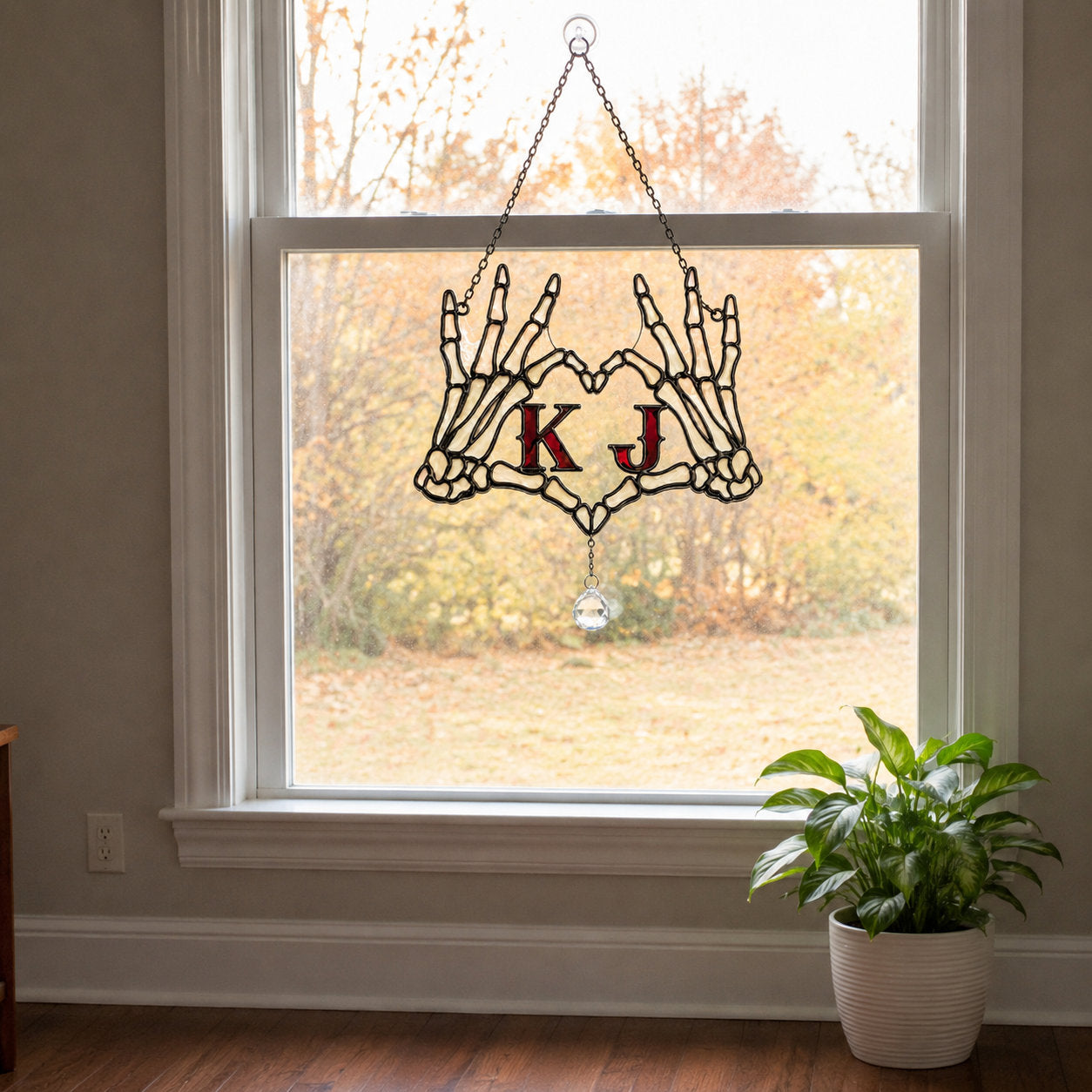 Personalized Initials Skeleton Hands Heart Couple Holographic Acrylic Suncatcher