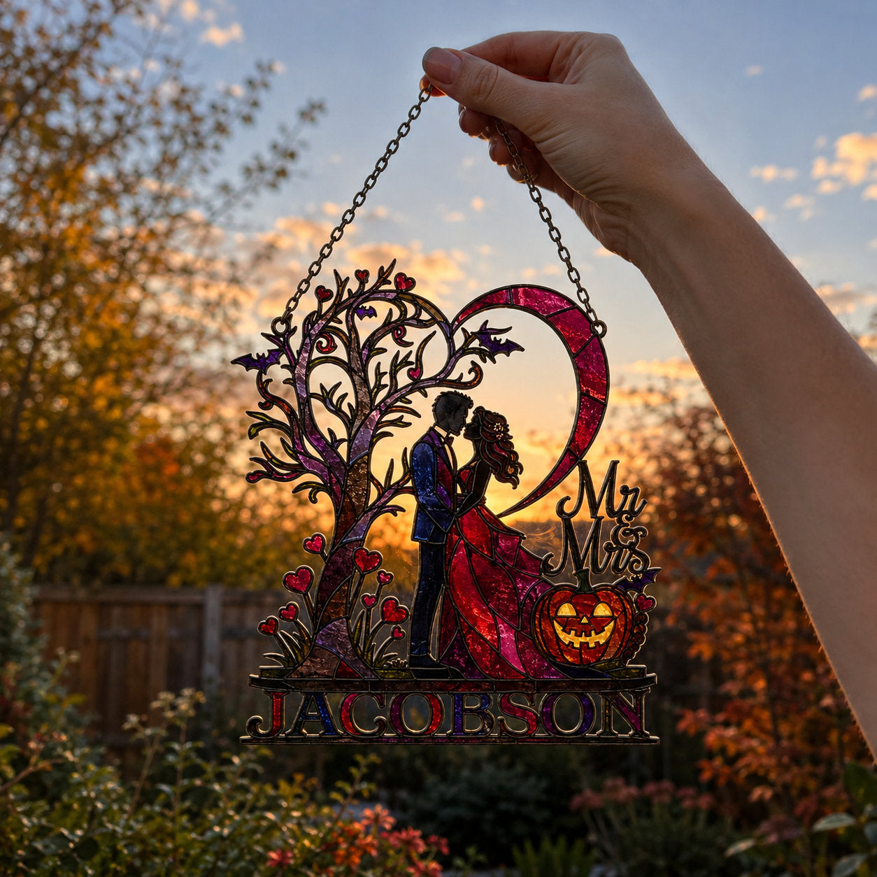 Personalized Halloween Couple Love Tree & Pumpkin Holographic Acrylic Suncatcher