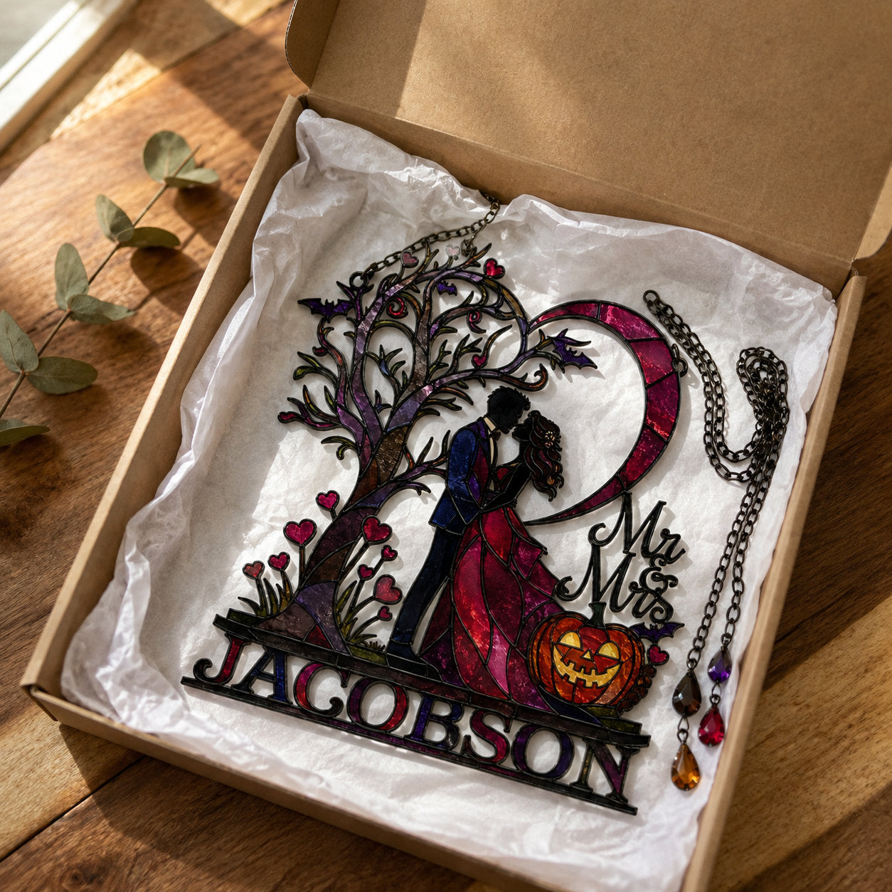 Personalized Halloween Couple Love Tree & Pumpkin Holographic Acrylic Suncatcher