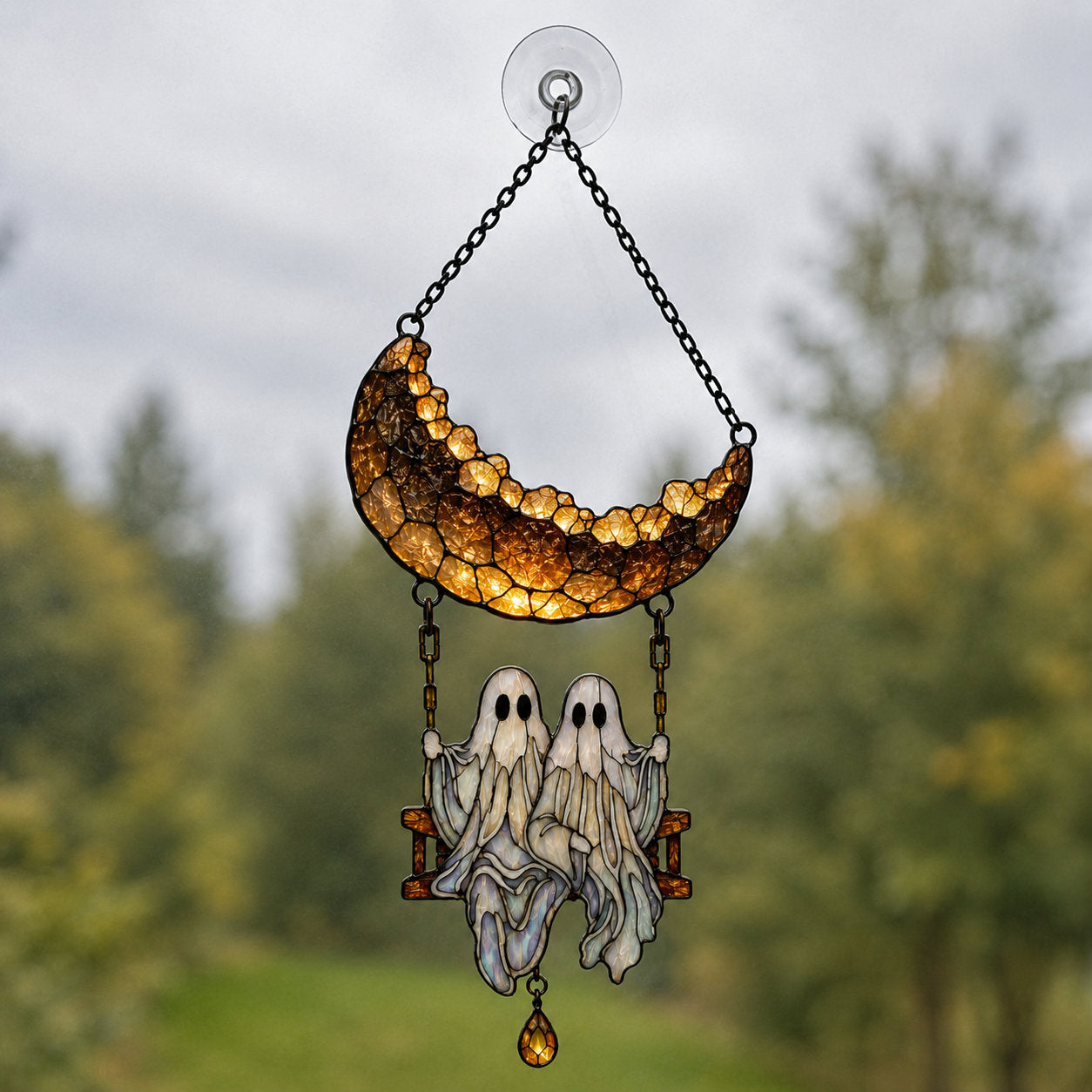 Ghost Couple on a Crescent Moon Swing Holographic Acrylic Suncatcher