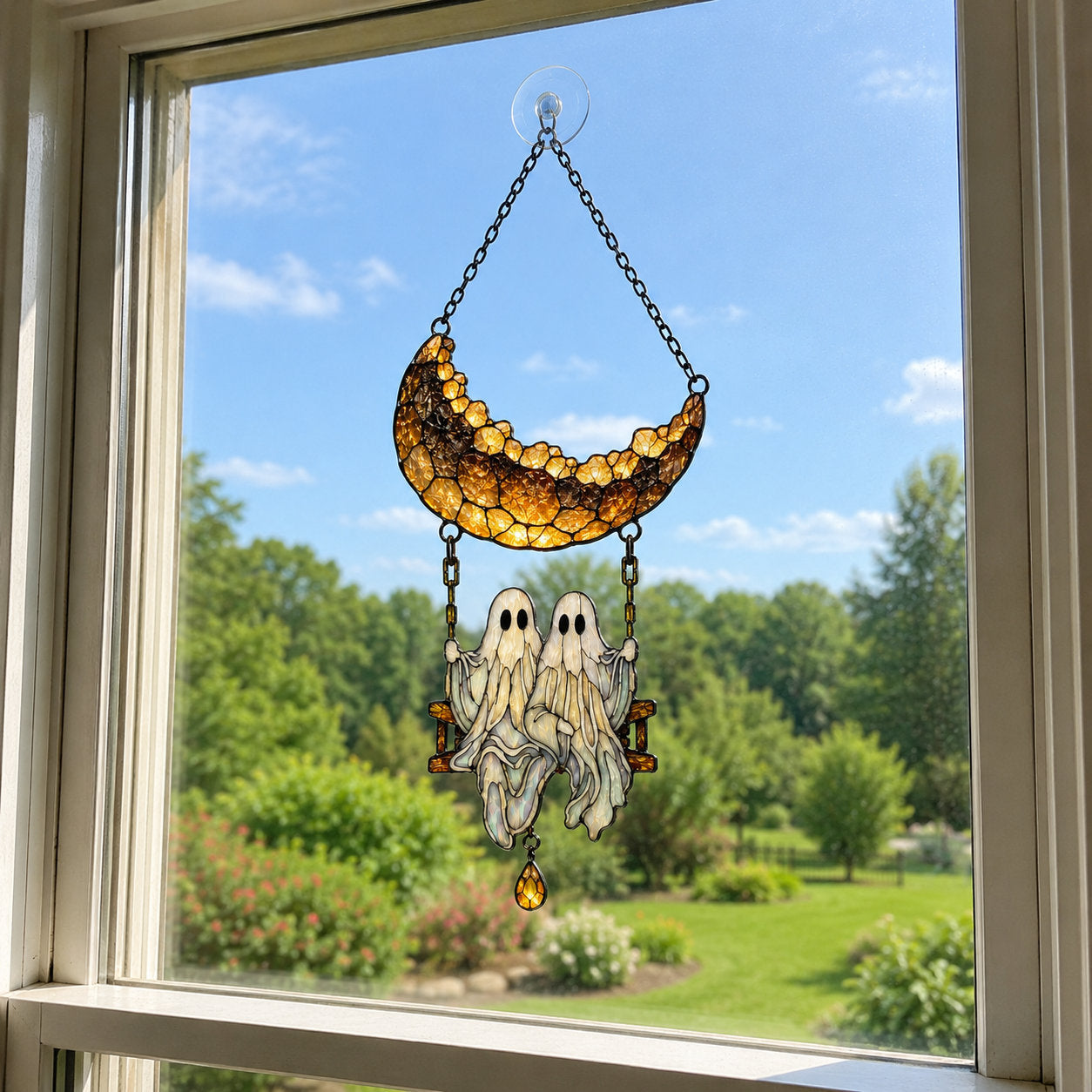 Ghost Couple on a Crescent Moon Swing Holographic Acrylic Suncatcher