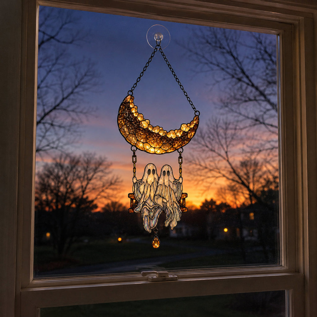 Ghost Couple on a Crescent Moon Swing Holographic Acrylic Suncatcher