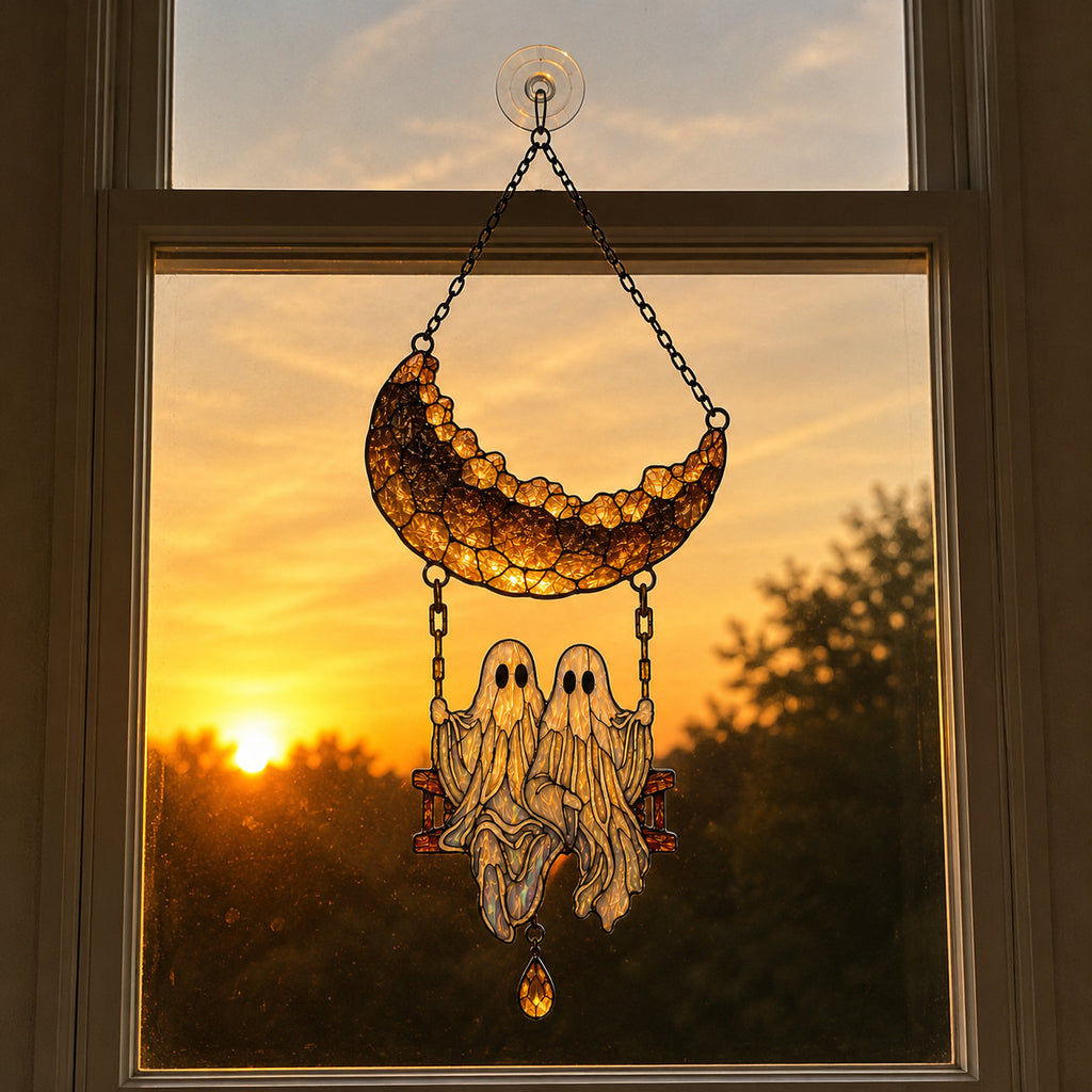 Ghost Couple on a Crescent Moon Swing Holographic Acrylic Suncatcher