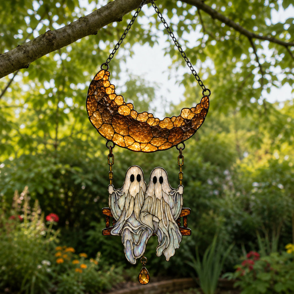 Ghost Couple on a Crescent Moon Swing Holographic Acrylic Suncatcher
