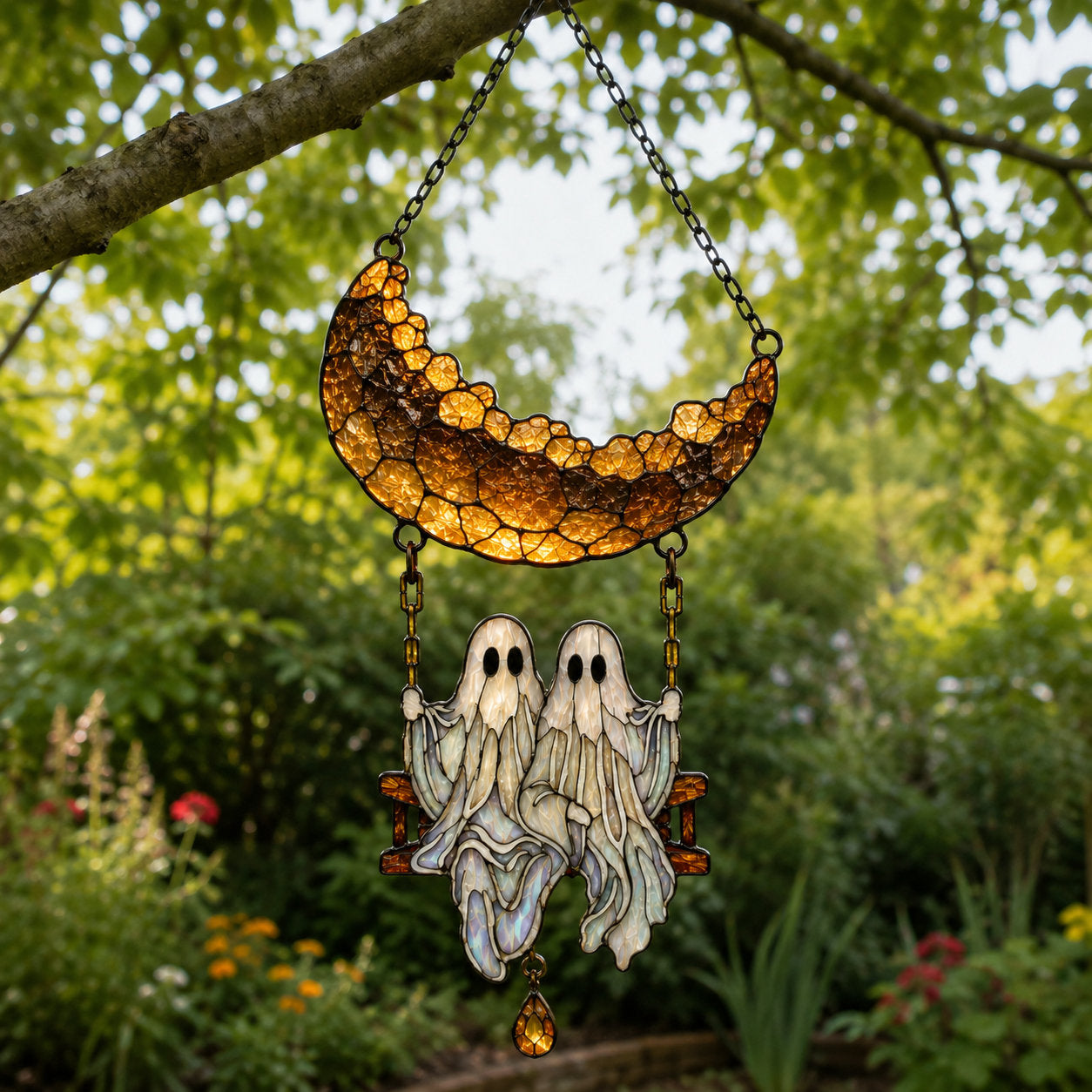 Ghost Couple on a Crescent Moon Swing Holographic Acrylic Suncatcher