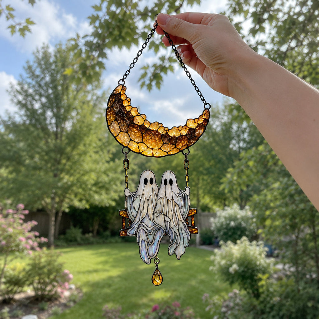 Ghost Couple on a Crescent Moon Swing Holographic Acrylic Suncatcher