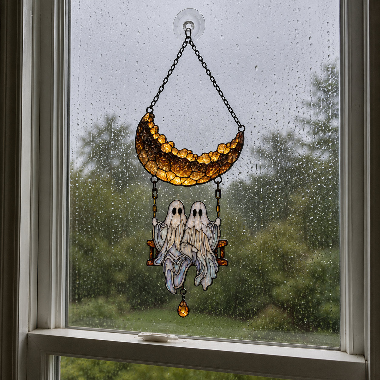Ghost Couple on a Crescent Moon Swing Holographic Acrylic Suncatcher