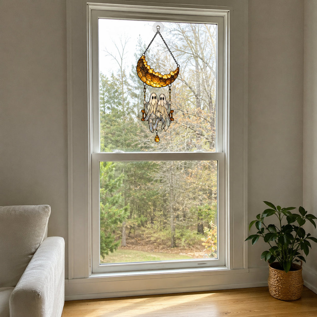Ghost Couple on a Crescent Moon Swing Holographic Acrylic Suncatcher