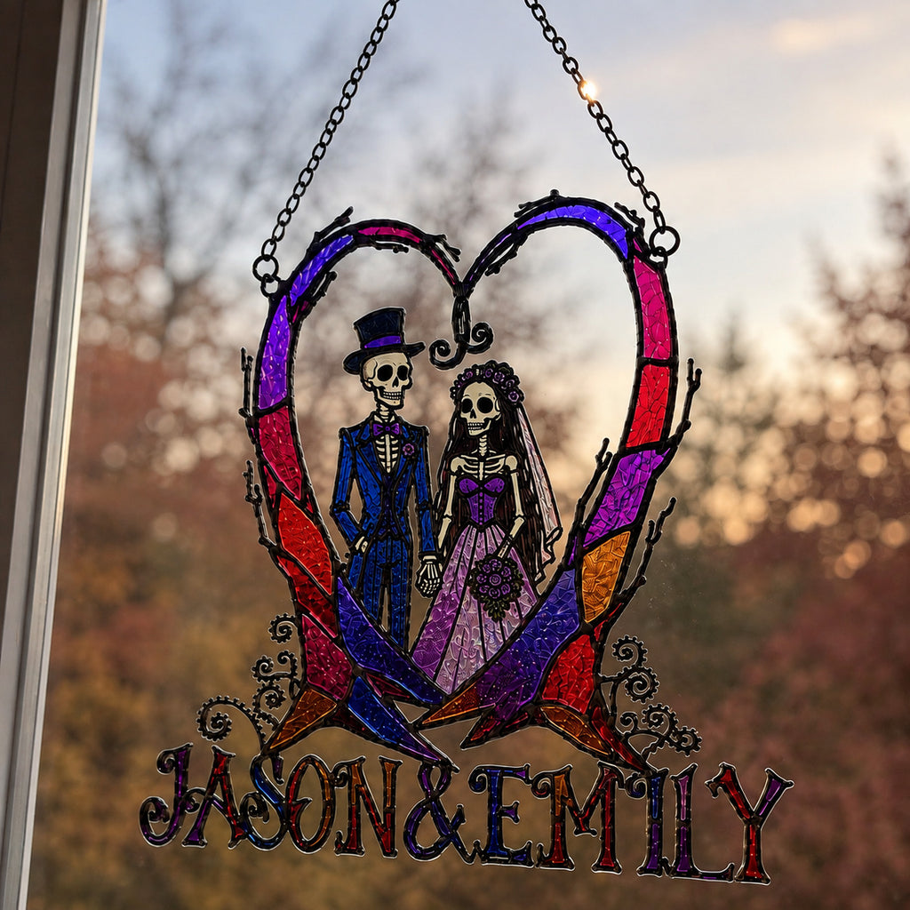 Personalized Skeleton Wedding Couple Heart Holographic Acrylic Suncatcher