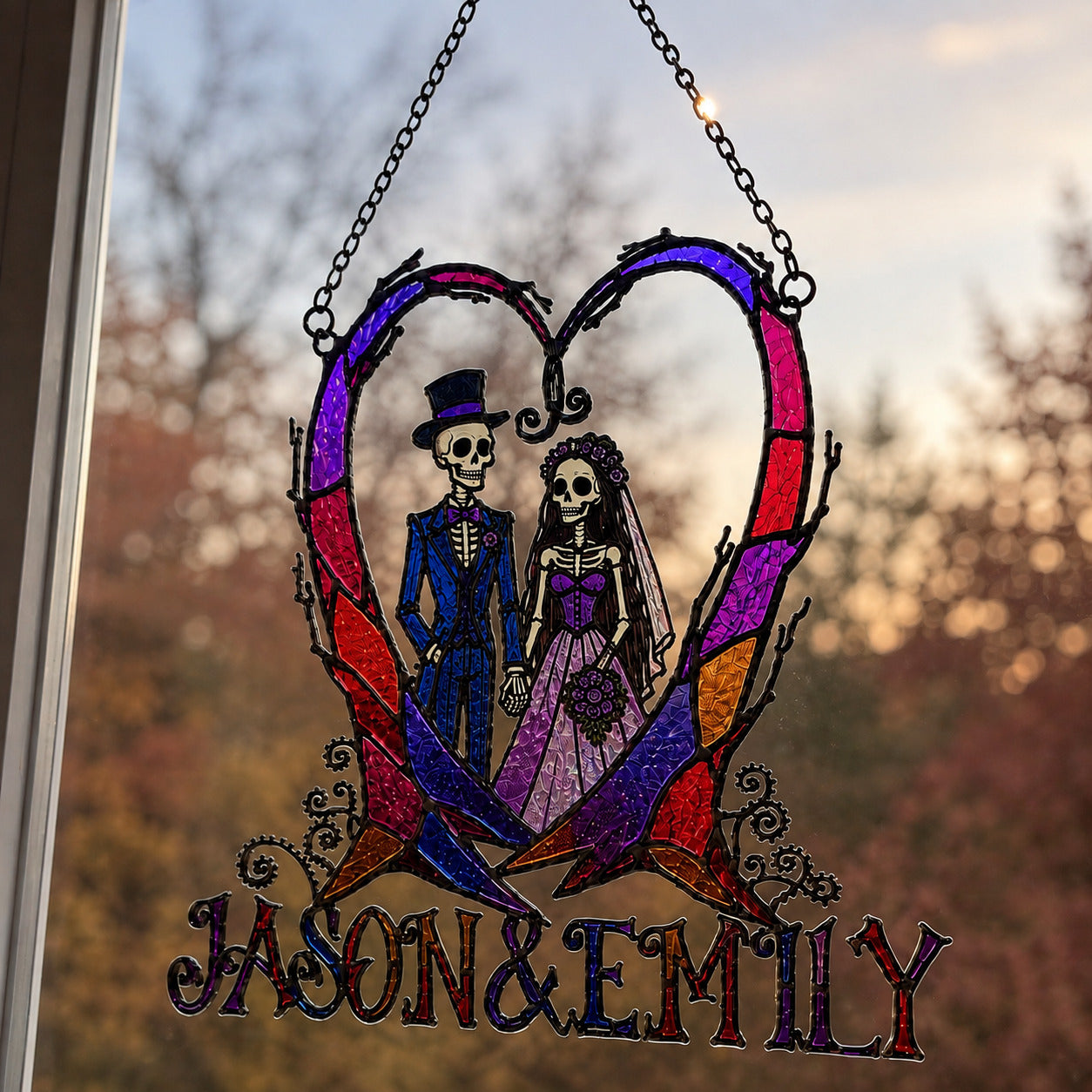Personalized Skeleton Wedding Couple Heart Holographic Acrylic Suncatcher
