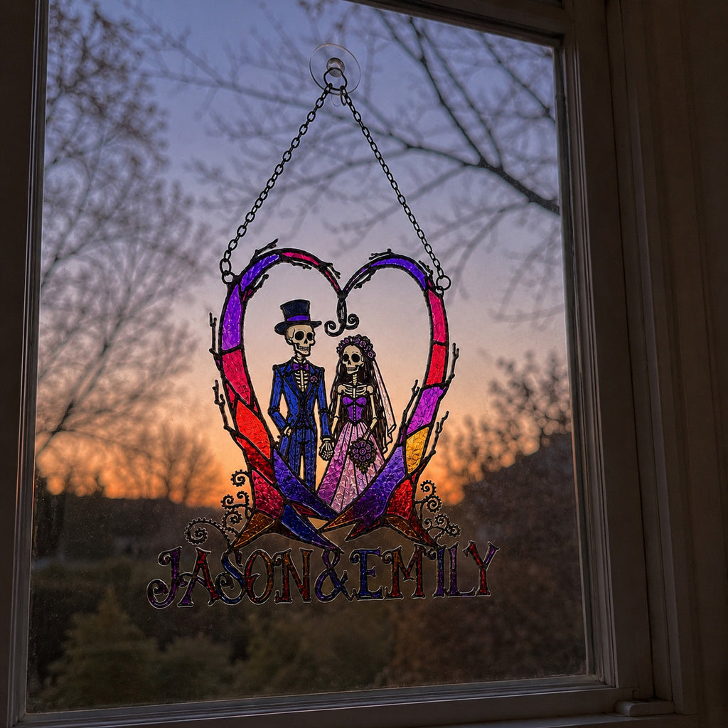 Personalized Skeleton Wedding Couple Heart Holographic Acrylic Suncatcher