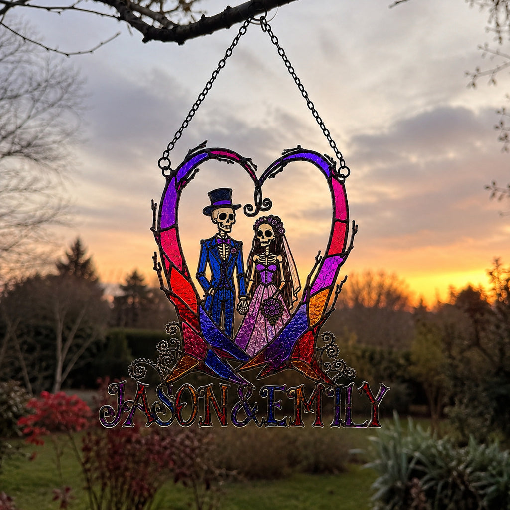 Personalized Skeleton Wedding Couple Heart Holographic Acrylic Suncatcher