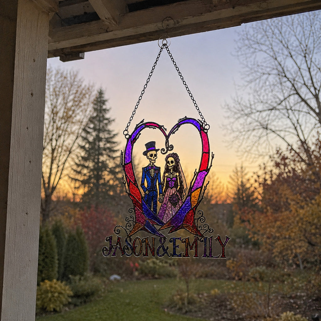 Personalized Skeleton Wedding Couple Heart Holographic Acrylic Suncatcher