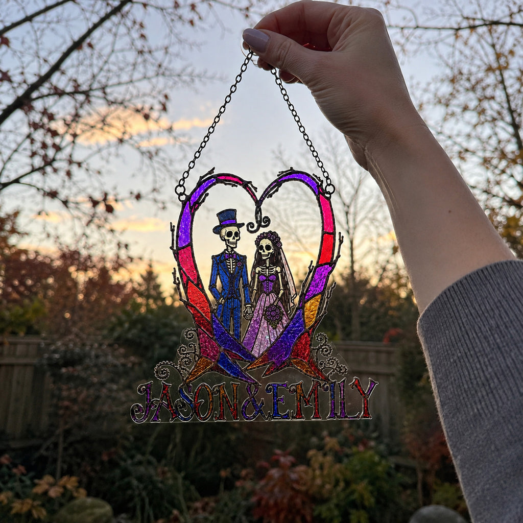 Personalized Skeleton Wedding Couple Heart Holographic Acrylic Suncatcher
