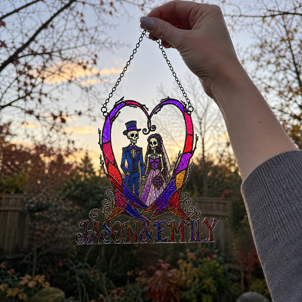 Personalized Skeleton Wedding Couple Heart Holographic Acrylic Suncatcher