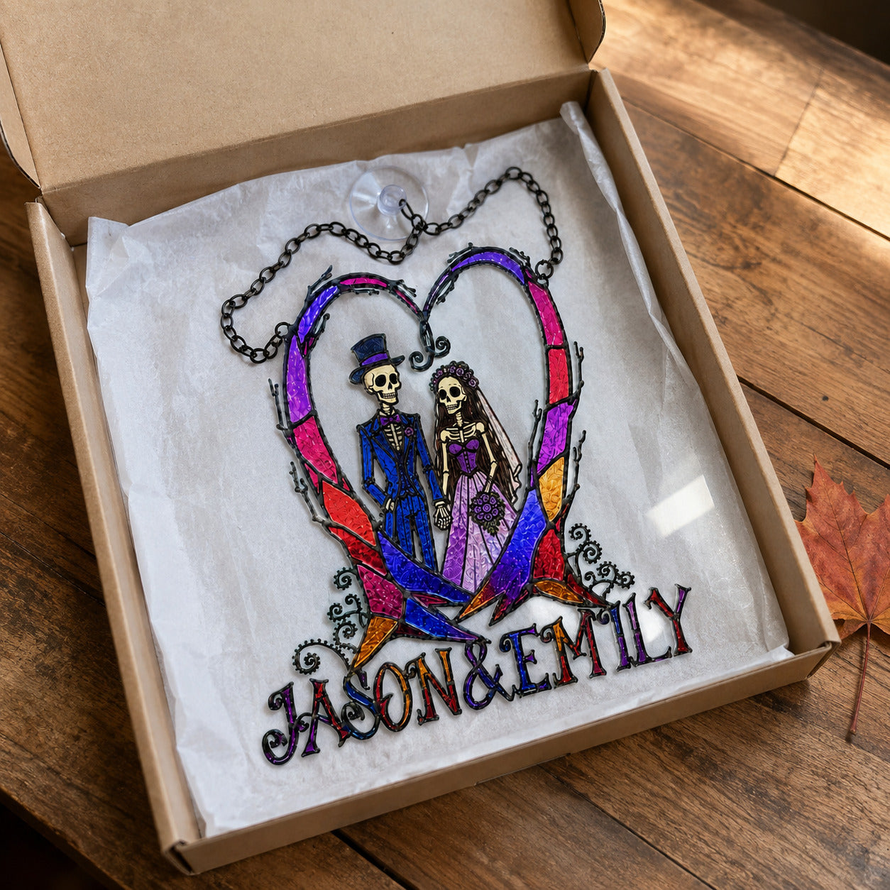 Personalized Skeleton Wedding Couple Heart Holographic Acrylic Suncatcher