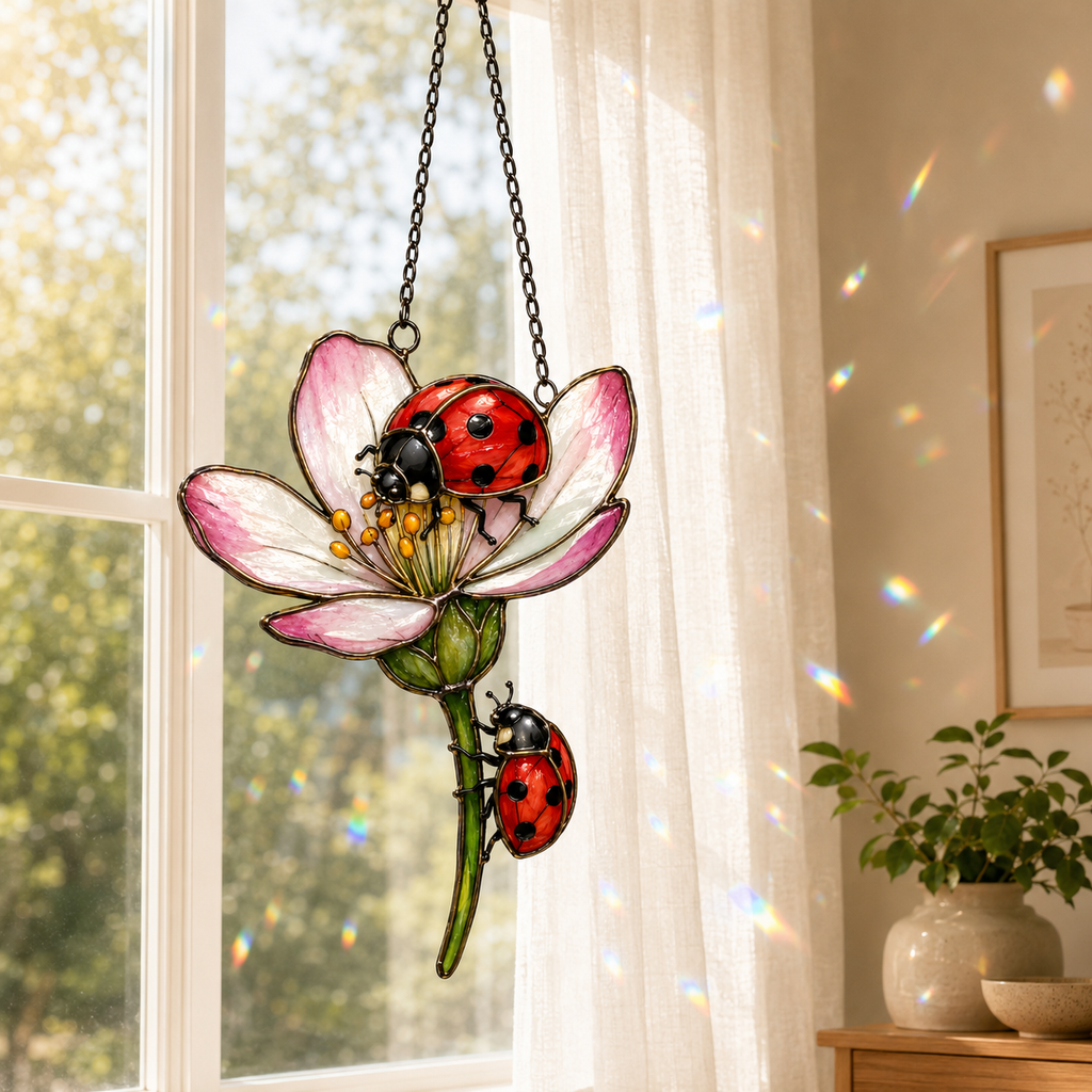 Stained glass style suncatcher with two red ladybugs on a pink and white blossom, hanging in a sunlit window with rainbow light