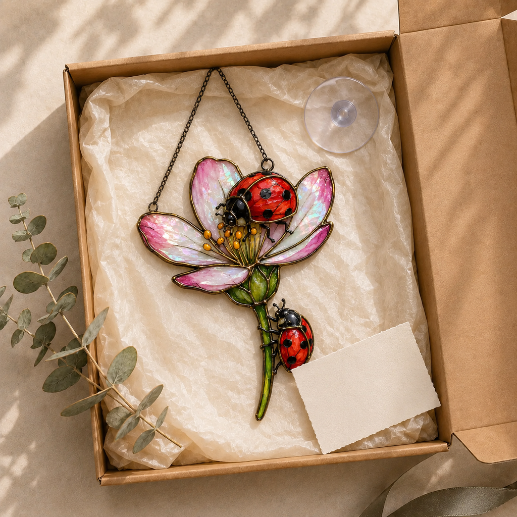 Two Ladybugs & Pink Blossom Holographic Acrylic Suncatcher