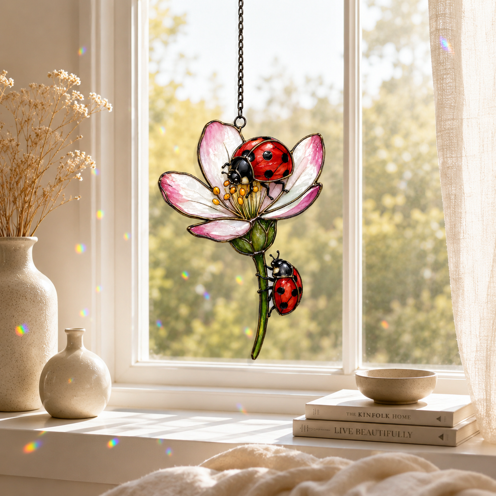 Two Ladybugs & Pink Blossom Holographic Acrylic Suncatcher